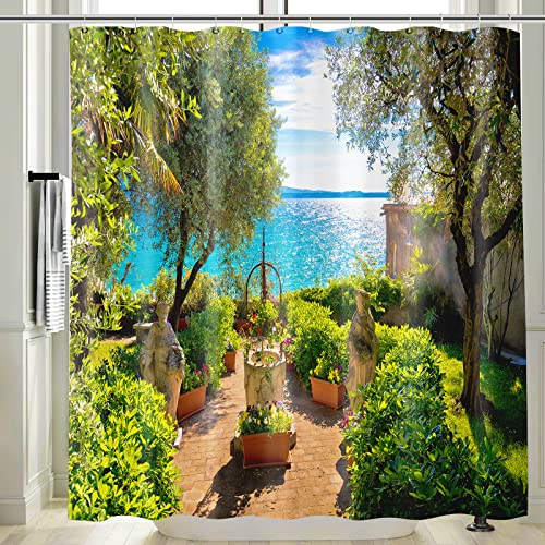 Vgzsyomqib Italien Motiv Duschvorhang Anti Schimmel Wasserdicht Badewanne 3D Blau Meer Stoff Bad Vorhang Shower Curtains 180x200 Lang Grün Natur Duschvorhänge Waschbar Textil mit Haken