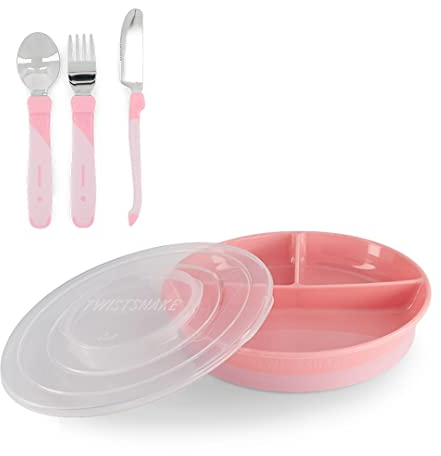 Twistshake Set De Vajilla Para Bebé | Plato Dividido + Cubiertos De Acero Inoxidable 12m+ | Sin BPA | Kit De Entrenamiento De Alimentación Para Niños | Rosa