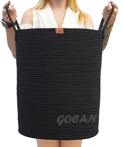 GOCAN große hohe robuste Wäsche Hamper Korb Gewebte Aufbewahrungskörbe für Kleidung Kissen Decke Spielzeug in Wohn- oder Schlafzimmer Dekoration H50XT38cm schwarz