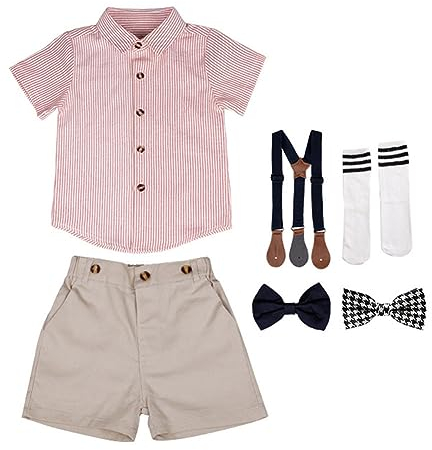 YAOTT Kinder Jungen Gestreifter Overall Kurzarmhemd Hosenträger Formeller Hochzeitsanzug mit Fliege Fotoshooting Weihnachten Gentleman-Taufkleidung Anzug Shirt & Hosen Outfits PinkDD6
