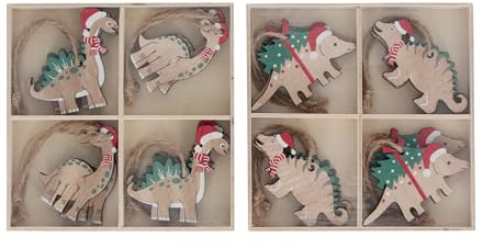 Gisela Graham Weihnachtsbaumschmuck, Dinosaurier, Holz, 2 Sets mit 8 Stück