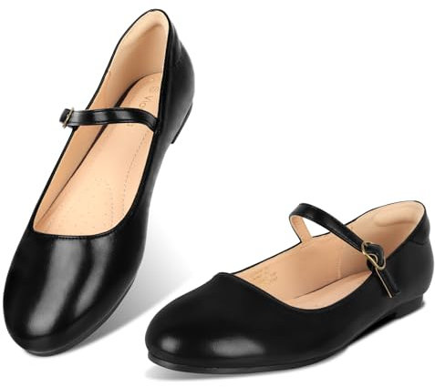 Viapipa Mary Jane Damenschuhe, bequeme Riemen, flache Schuhe, elegante Freizeit-Ballerinas, florale Schnalle, runde Zehenpartie, schwarze flache Schuhe für Damen, Black01, 40 EU