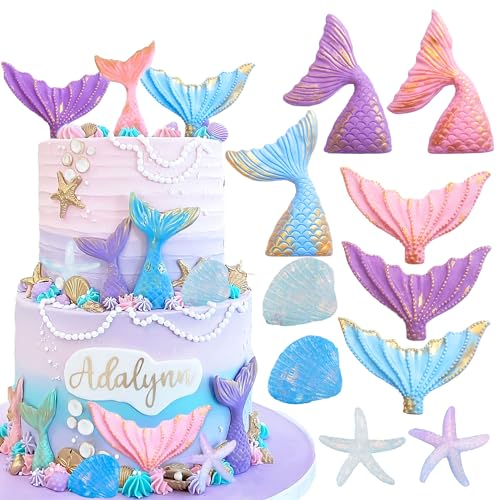 LaVenty Magical Little Mermaid Cake Toppers - Under the Sea Cake Decoration Set with Seashells, Mermaid Tail, and Sea Star Toppers