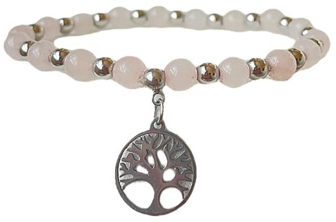 Felicidade Bracelet en quartz rose pierre naturelle avec arbre de vie perles de 6mm Bijoux femme rose amour saint valentin anniversaire bien-être sérénité lithothérapie