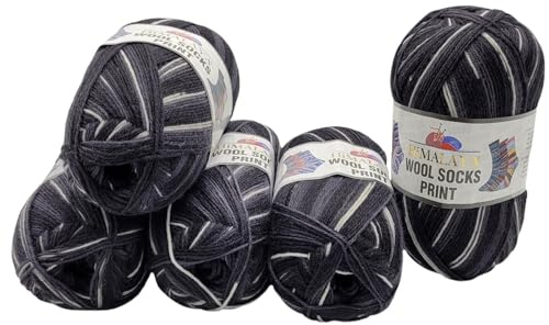 5 x 100 Gramm Himalaya Socks Print Sockenwolle mehrfarbig, 75% Merinowolle, 500 Gramm Wolle für Stricksocken und Strümpfe (schwarz grau weiss s41-02)