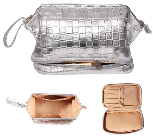Abiudeng Kosmetiktasche Kulturtasche Kulturbeutel-Damen Schminktasche Groß Wasserdicht Make up Organizer Tasche Reisen Kosmetiktasche mit Pinselfach Make up Tasche Klein für Frauen-C-Silber