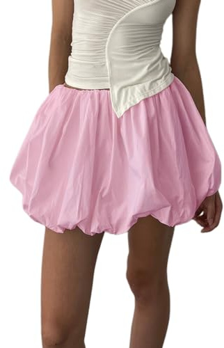Qianderer Women Y2K Bubble Skirt High Waist Ruffle Hem Flared Mini Skirts Puffy A Line Pleated Mini Short Skirt Streetwear (Ba Pink, S)