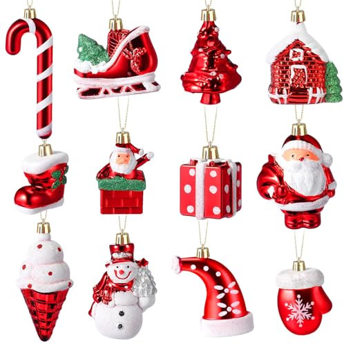 Zomiboo 24 Stücke Weihnachtsschmuck Set Weihnachtsmann aus Plastik Schneemann Stock Hut Stiefel Hängeschmuck Verschiedene Rote Weihnachtsbaumschmuck für Weihnachtsfeiern Heimdekoration