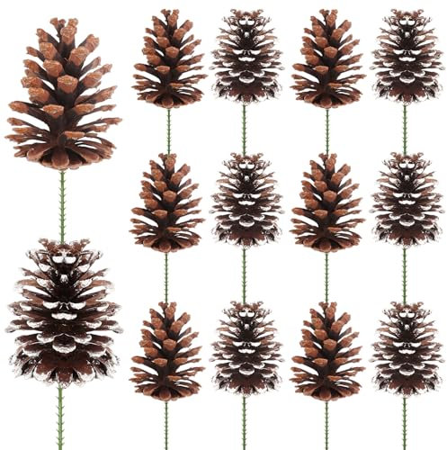 Fangoo Piñas Naturales de Pino, 12 Piezas, 8-12 cm, con Tallos para Decoración Navideña, Manualidades, Coronas, Guirnaldas y Arreglos Florales (Marrón)