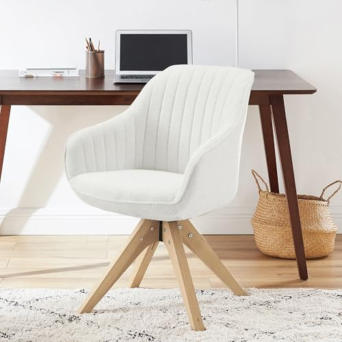 Zouron Drehstuhl Esszimmer Holzbeine - Küchenstuhl Beige Leinen Polsterstuhl mit Armlehnen Sessel Eichenholzbeine bis 130kg Belastbar Sitzfläche 43x43cm Wohnzimmerstuhl