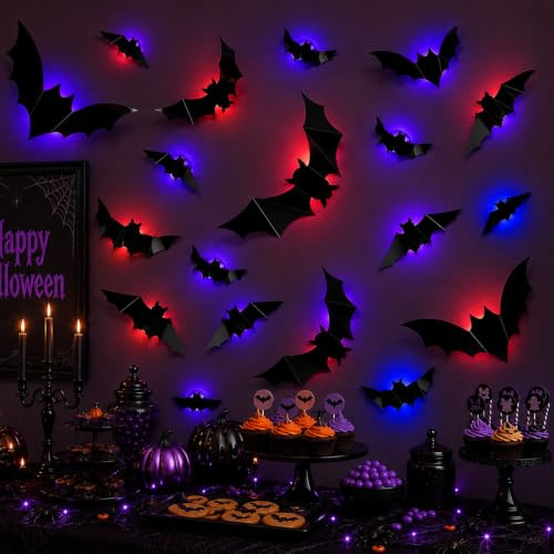 12 Stk LED Lichter 3D Halloween Fledermaus Deko,Halloween Dekoration Fledermaus Wandaufkleber mit 10 Verschiedenen Größen,Horror Deko Aufkleber,LED Fledermäuse Deko für Innen Helloween Partyzubehör