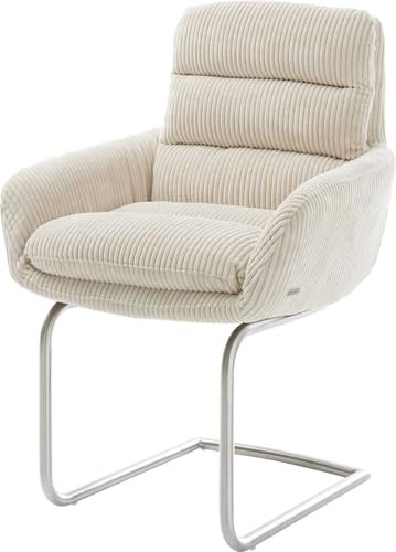 DELIFE Schwingstuhl Abelia-Flex mit Armlehnen Freischwinger rund Edelstahl Cord Beige