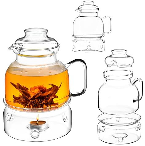 KADAX Teekanne 1.5L mit Stövchen Set, Glasteekanne mit Teewärmer und Deckel, Glaskanne ohne Siebeinsatz für losen Tee, Kanne aus Glas, Teeservice (ohne Sieb)