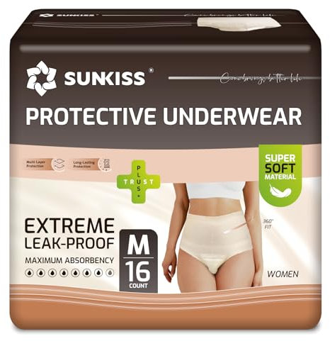 SUNKISS Inkontinenz Windelhosen für Erwachsene Frauen, Tagsüber Einweg Postpartum Windeln für Erwachsene, Pants für Damen mit Maximaler Saugfähigkeit, Beige, Größe M, 16 Stück 1er Pack