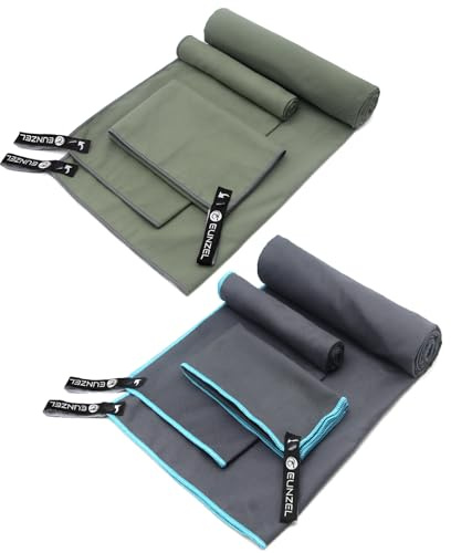 Eunzel 2 Set Quick Dry Camping Towel, Microfiber Travel Towel Super Absorbent Fast Drying Towel for Camping, Beach, Gym, Backpacking & Swimming(Two 3-Piece Towel Sets, Army Green/Grey)