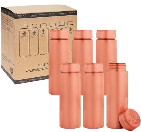 NORMAN JR Botella de Agua de Cobre de 400 ml - Caja de Regalo de 6, Simple, un Recipiente ayurvédico Hecho de Cobre Puro: te Ayuda a Beber más Agua, con Muchos Beneficios para la Salud