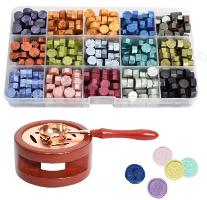 Juego de Sellos de Lacre, Aproximadamente 375 Cuentas de Cera, con Juego de Calentador de Cera, 15 Colores, Adecuado para Invitaciones de Boda, Sellado de Sobres, Envoltura de Regalos (Dunhuang)