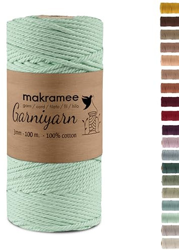 GARNIYARN Premium Makramee Garn 3mm – Weiches Baumwollseil für Macrame, DIY-Bastelprojekte, Wandbehänge, Pflanzenhänger und Wohnaccessoires, Stricken – 100% Natürlich Cotton – 3mm (Menthol, 100m)