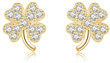 Reffeer Solid 925 Sterling Silver CZ Four Leaf Clover Earrings Stud for Women Teens Sparkle Leaf Stud Earrings