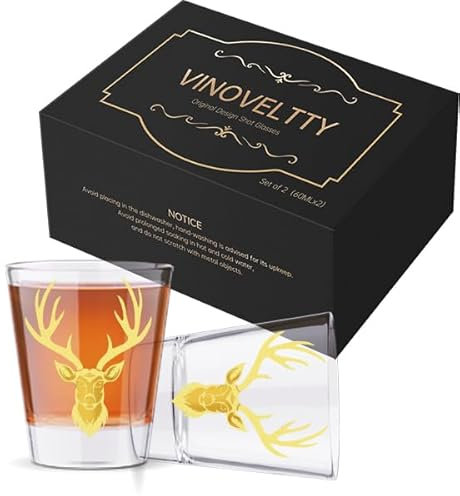 Vinoveltty Deer Shot Glasses Set of 2, Deer Hunting Gifts for Hunters, Fathers Day Christmas Birthday Gifts for Men Dad Women, 2oz Stag Shot Glasses