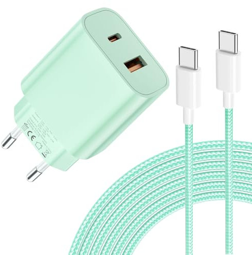 Cargador USB C de 20W - Carga Súper Rápida de Doble Puerto con Cable USB C de 2M, Adecuado para iPhone 16/15, para Samsung Galaxy, para iPad, para Pixeli etc (Verde)