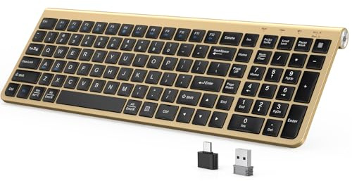 JOYACCESS Tastiera wireless nera e oro con tasti a basso profilo, 2,4 GHz, per Windows e Mac OS, silenziosa, ergonomica, per computer, laptop, PC, Mac, Windows, colore: oro