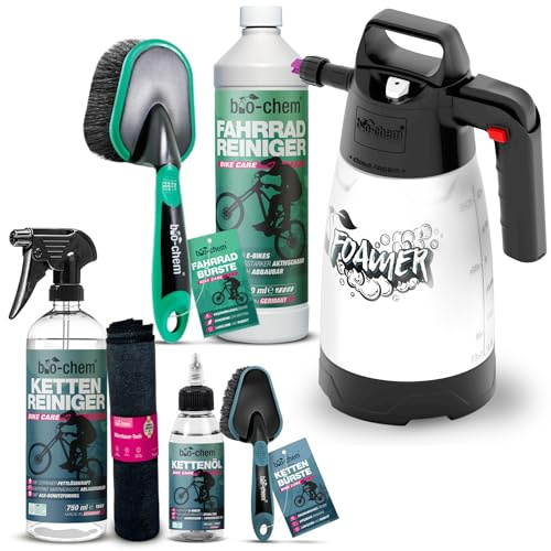 bio-chem Fahrrad Reinigungsset Premium 7-teilig für E-Bike & MTB | Mit Fahrradreiniger, Kettenreiniger, Kettenöl, Schaumsprüher, 2 Bürsten & Tuch | materialschonende Pflege