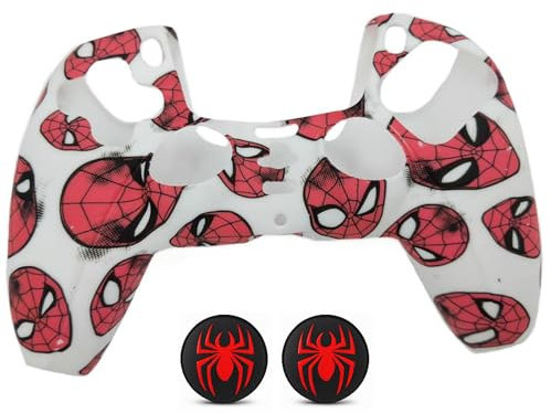 Cover Controller PS5 in Silicone con 2 Grips – Custodia Antiurto con Coprilevette – Compatibile con PS5 – Protezione Controller Gaming – Design Ergonomico Antiscivolo (Bianco Spiderman)