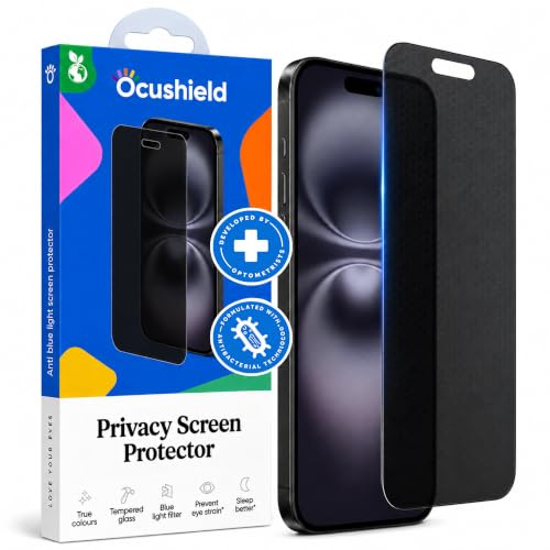 Ocushield Privacy Screen Protector for iPhone 16 Pro Max | Fits 6.9 inch display. 9H anti-spy tempered glass. Blocks UV & blue light. UK optometrist design.