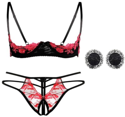 HOTSO Set di lingerie da donna, in pizzo a rete floreale, lingerie sexy, babydoll 2 pezzi, embroidered Demi, mezza coppa push up, set di reggiseno e slip regolabili