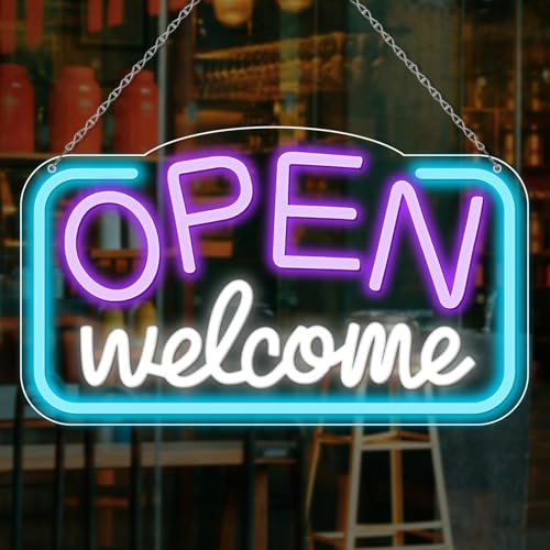 inShareplus Welcome LED Open Neon Schild, 43x23cm Open Schild für Business, Helles Leuchtreklame mit USB-Betrieb, Dimmbar Offenes Neon Licht Sign für Bar,Store, Cafe, Shop, Party, Club(Violett)