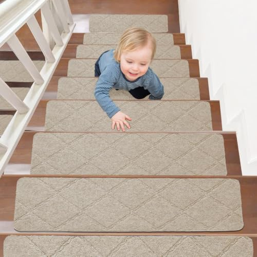 Hengrongshen Treppenstufenmatten 15 Stück, Anti-Rutsch Selbstklebend 55x19cm, Wiederverwendbar Zuschneidbar, Innen Treppenschutz für Haustiere & Kinder-Beige