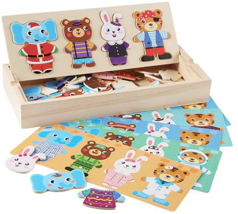 LilyBeauty Wooden Animal Dress-Up Puzzle Box-60 Pcs, Sorting & Matching Toy with Storage Case, Change Clothes Puzzle Games for Toddlers, Educational Puzzle Learning Toys for Kids Ages 3+ (Mixed)