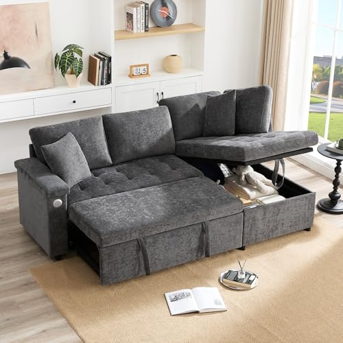 Ball & Cast L-förmiges Eckcouch mit Schlaffunktion, Schlafsofa mit USB-Anschlüssen und Stauraum, 209 x 84 x 130 (BxHxT), Dunkelgrau