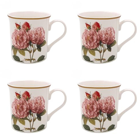 Tamersgifts Set of 4 Fine China Floral Mugs 300ml Flower Design Coffee & Tea Cups for Everyday Home Use (Pink Rose)