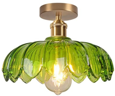 LIGINOK Lámpara de Techo Vintage Diseño Flor de Vidrio Verde E27 Plafón de Techo Cristal Iluminación de Techo Industrial para Pasillo,Entrada,Cocina