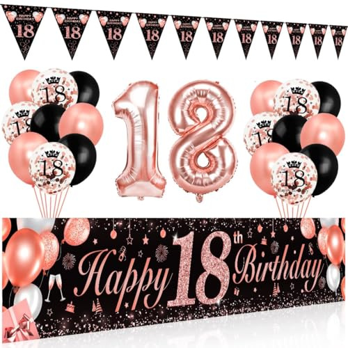 Palloncini 18 Anni Compleanno Nero Oro Rosa, Decorazioni 18 Anni Compleanno Donna, Striscione Palloncini Nero Oro Rosa, Decorazione Festa