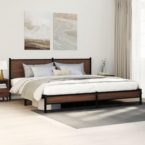 QUAHEAS Metallbett ohne Matratze, Braun Eichen-Optik, 193x203 cm Bettgestell mit Kopfteil, Robustes Stahlrahmen Plattformbett für Schlafzimmer, extra Stauraum