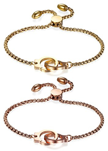 JewelryWe Handschellen Armband Kettenarmband Damen: 2pcs Edelstahl Charmsarmband Armkette Verstellbar Armreif Armkettchen mit Handschellen Muttertag Geburtstag Geschenk für Frau Freundin