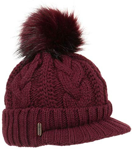 McBURN Britta Cable Knit Peak Pull On Mütze Bommelmütze Wintermütze Strickmütze Damen - Made in Italy mit Schirm, Futter, Futter Winter Herbst-Winter - One Size Bordeaux