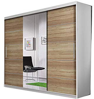 MOEBLO Kleiderschrank ALFA – Schwebetürenschrank 2-türig Schrank Garderobe Schiebtüren Schlafzimmer, Dekorative Aluminiumleisten, Kleiderstange und Regale (BxHxT): 233x218x61 cm (Weiß+Sonoma +Spiegel)