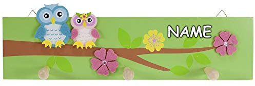 personalisiert mit Name - 10706 Garderobe Kleine Eulen, 40 x 12 x 5,5 cm, grün