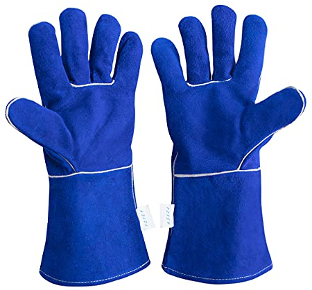 FZTEY Hitzebeständige, feuerfeste Schutzhandschuhe, hohe Temperaturen, Ofenhandschuhe, lange Lederschweißer, Thermohandschuhe für Grill, Mig, Holzbrenner, Kamin (blau)