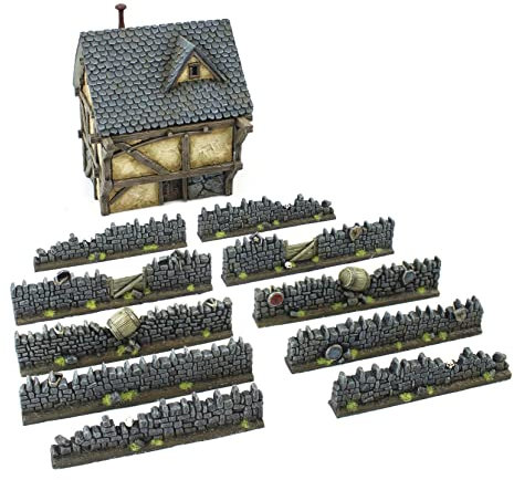 War World Gaming Detailed Fantasy Resin Walls with Cottage – Wargaming Tabletop Terrain Scenery Landscape Model Miniatures Diorama Wall Cover Accessory