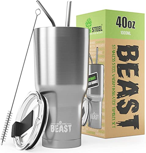 Beast Tumbler - 1100 ml (40 oz), Silver | Reusable Stainless Steel, Vacuum Insulated Cup | with + 2 Straws & Cleaning Brush | Double Wall Travel Flask Perfect for Hot or Iced Coffee | BPA Free