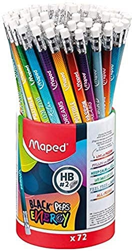 Maped – 72 Graphit-Bleistifte Black'Peps Energy HB Radiergummi – Bleistifte mit inspirierenden Botschaften – Set mit 72 Bleistiften