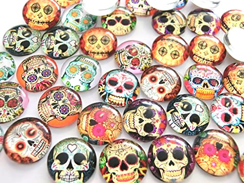 beadsvision 50 Glas Cabochons 12mm Motiv Skull Totenkopf 12x4mm Glascabochons rund flach (Totenkopf #110)