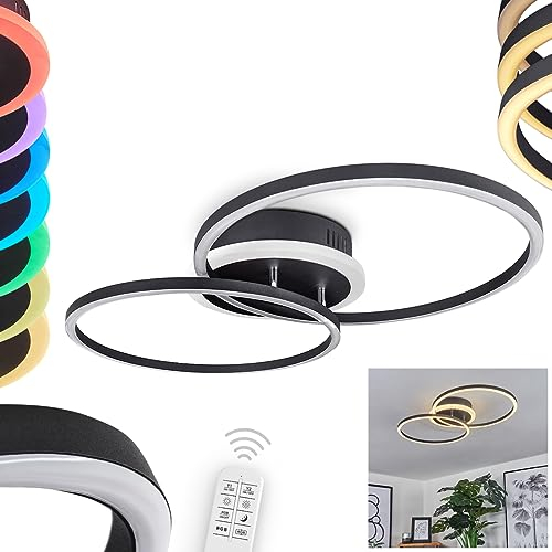 LED Deckenleuchte Lithgow, dimmbare Deckenlampe aus Metall in Schwarz/Weiß, Leuchte m. verstellbaren Leuchtringen, 3880 Lumen, 3000 Kelvin, 35,5 Watt (inkl.), mit RGB-Farbwechsler und Fernbedienung