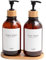 MIXMIO 2 Pack Soap Dispenser Set - 500ml Shampoo Dispenser - Pump Bottle Dispenser for Bathroom and Kitchen Includes Bamboo Pump, Tray and 4 Waterproof Labels - Brown