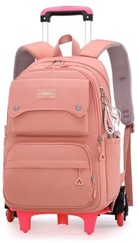 Tinta unita ragazze rotolamento zaino con ruote Schoolbag scuola elementare studente trolley Daypack borsa da viaggio all'aperto, Rosa - Sei Ruote, 6 Wheels, Zaini Daypack